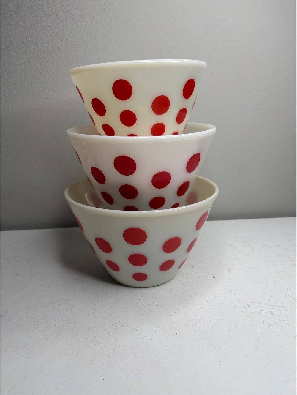 Vintage Fire King Red Polk Dot Milk Glass Oven Ware Mixing Bowl Set of 3